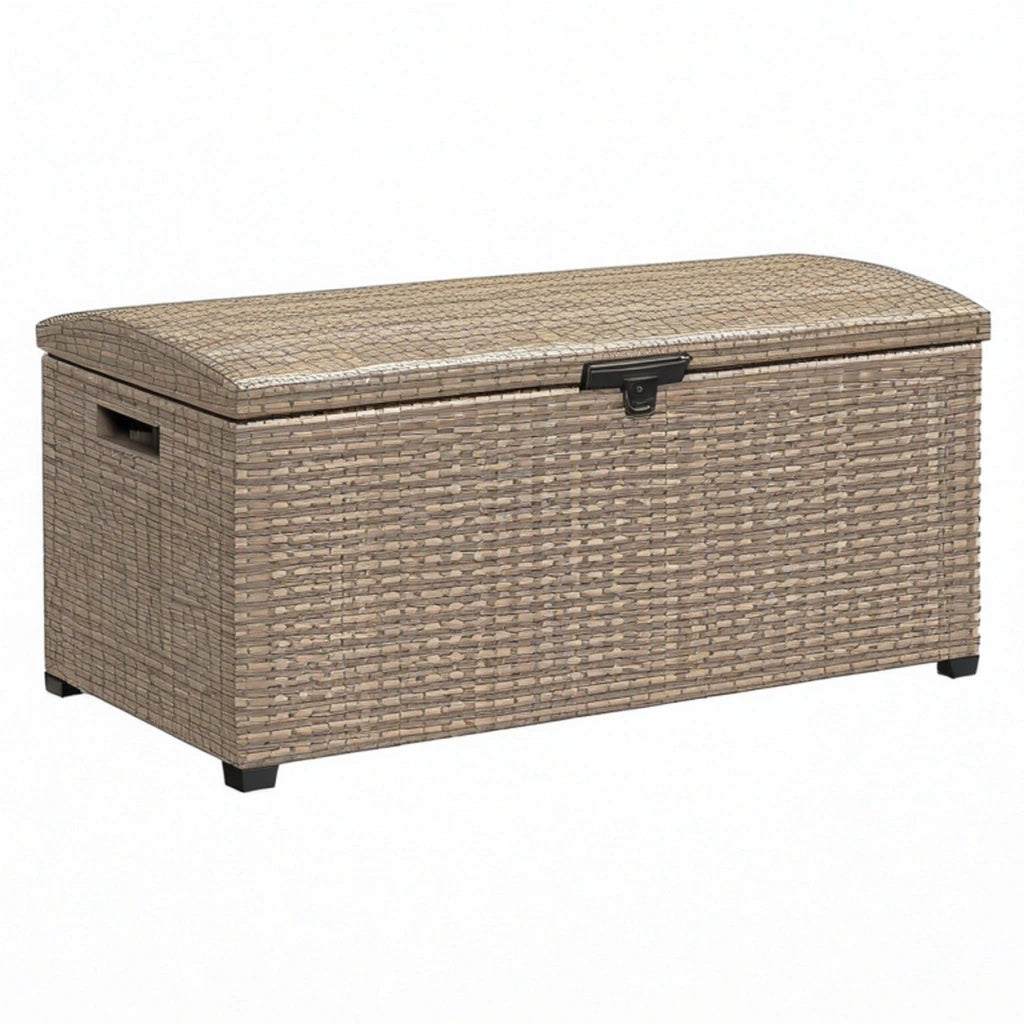 Skrzynia ogrodowa 100 x 50 x 50 cm z plecionki w kolorze taupe z pokrywą