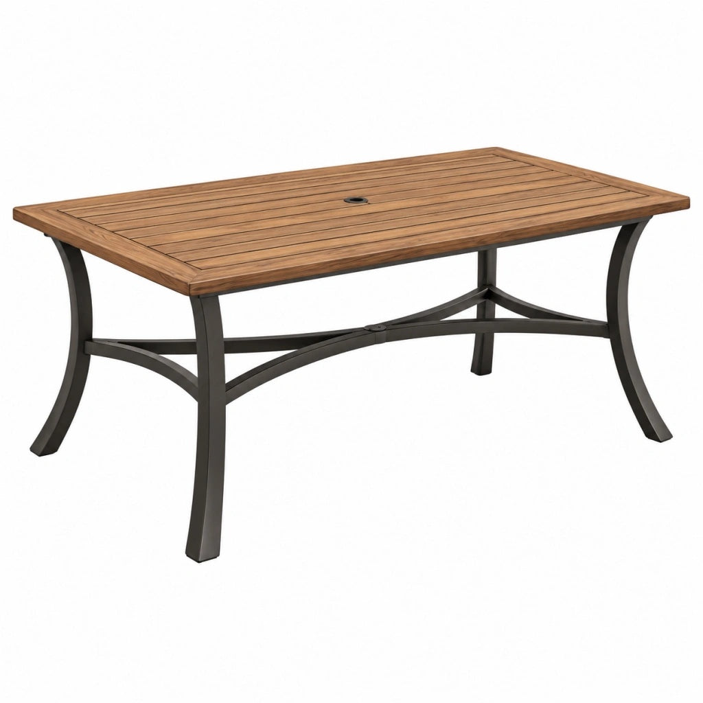 Stół ogrodowy 180 x 100 x 74 cm drewniano-metalowy brązowo-czarny z otworem na parasol