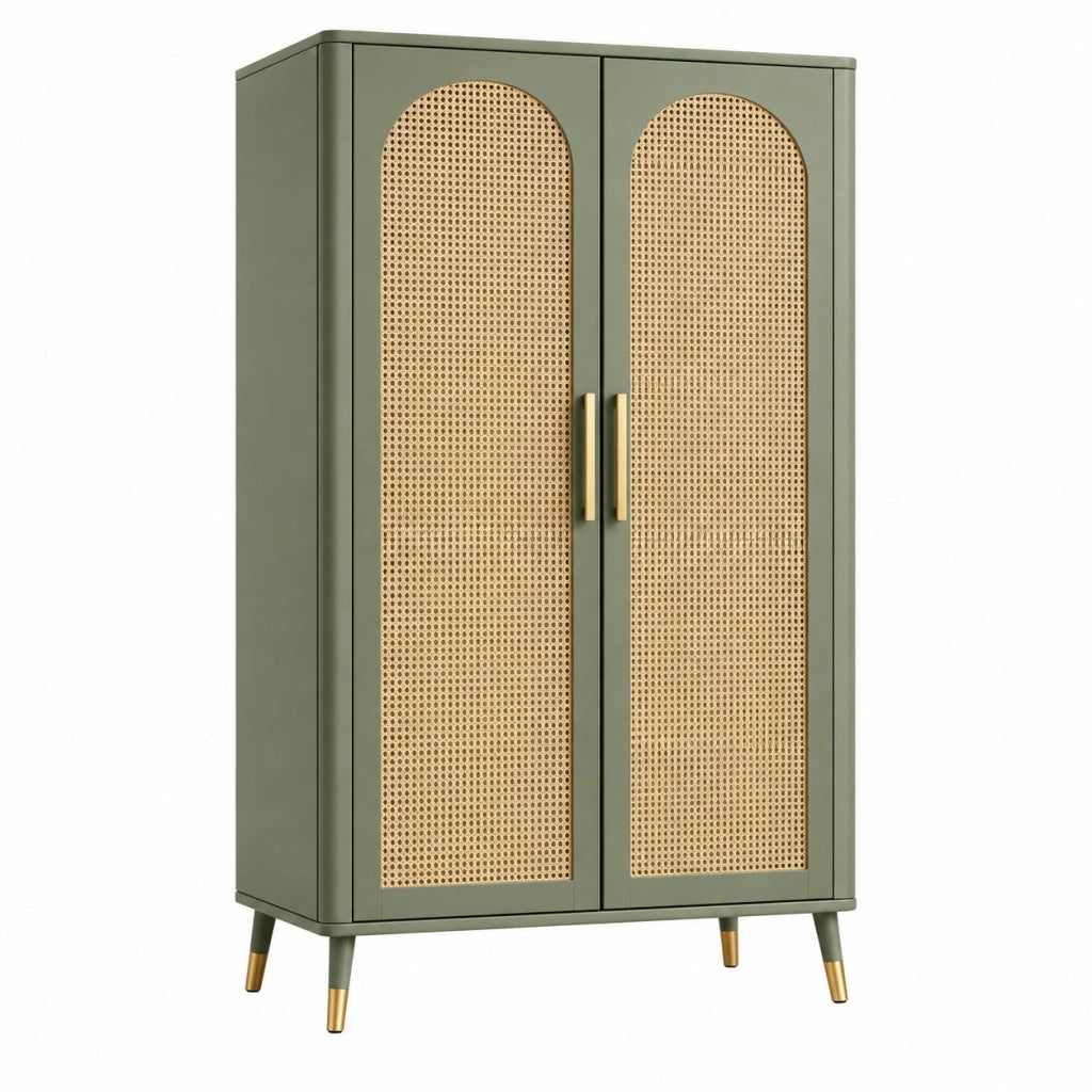 Szafa 90 x 45 x 180 cm z drewna i rattanu oliwkowozielona w stylu retro