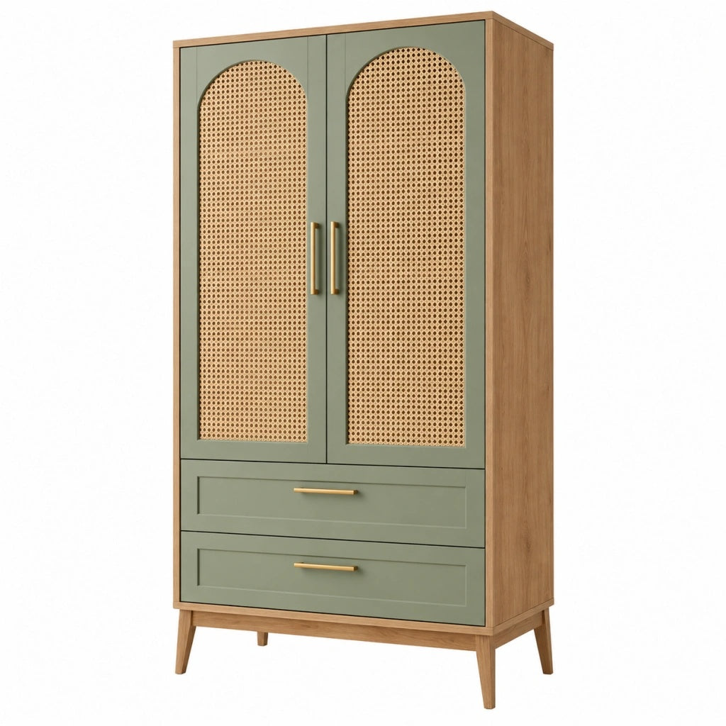 Szafa 90 x 45 x 190 cm z plecionką rattanową zielona drewniana w stylu retro