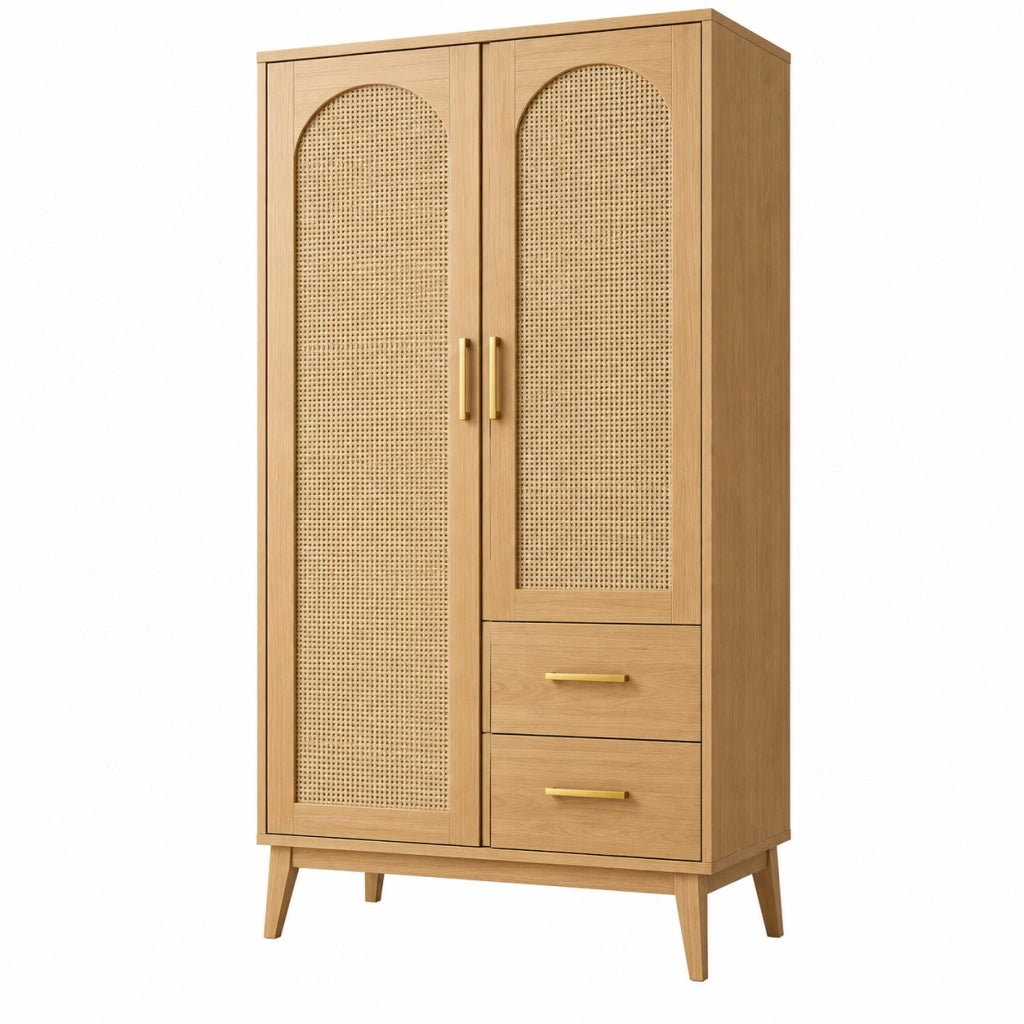 Szafa 90 x 45 x 180 cm z drewnianym wykończeniem i plecionką rattanową w stylu retro
