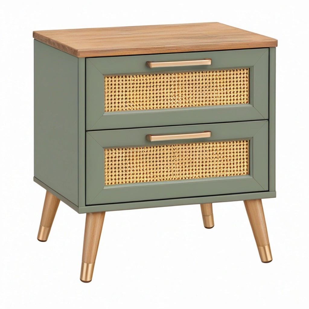 Szafka nocna 50 x 40 x 60 cm z drewna zielona z frontami z rattanu - styl retro