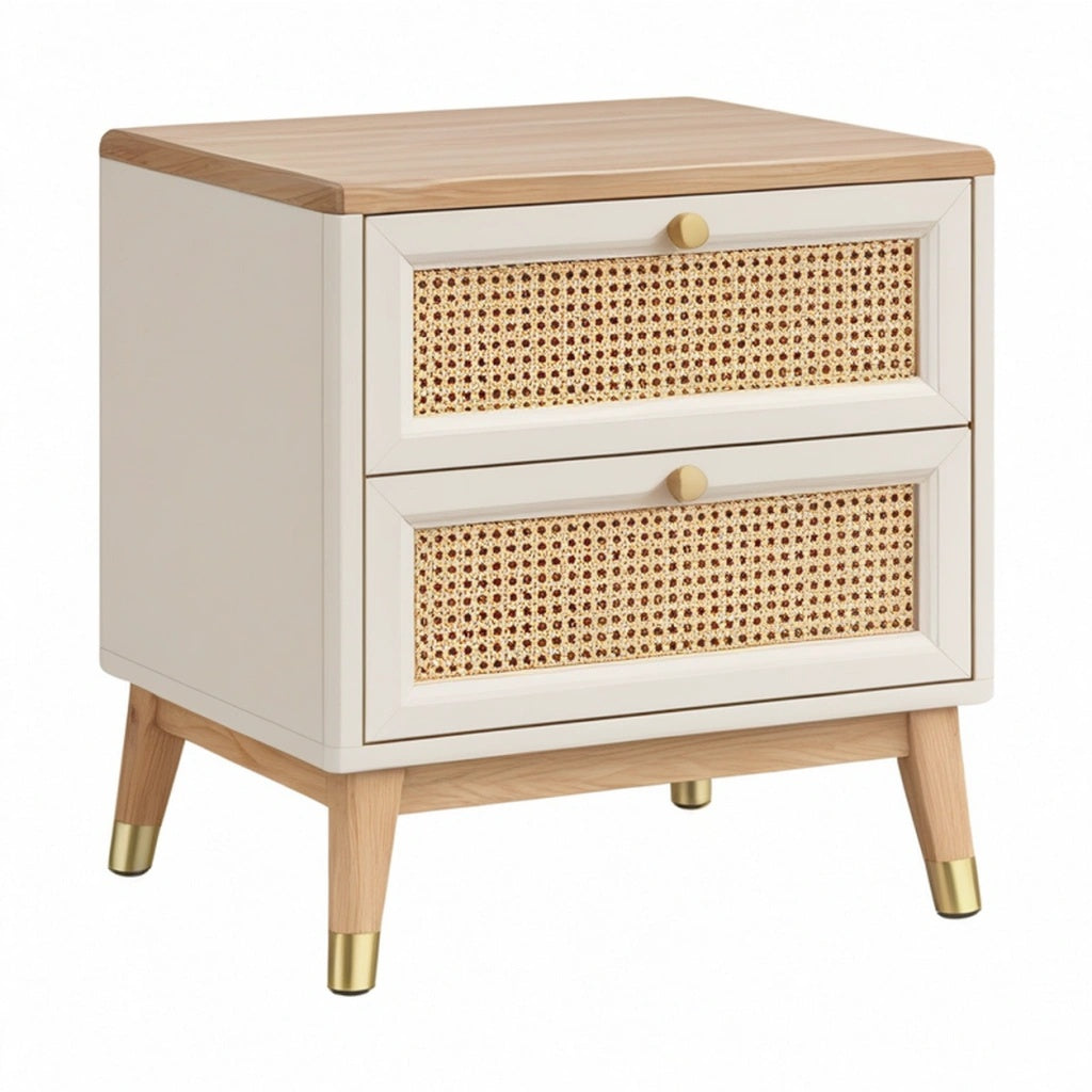 Szafka nocna 45 x 40 x 55 cm kremowa z drewnem i plecionką rattanową - 2 szuflady w stylu retro